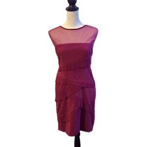 SL Fashions NWT Magenta Pink Chiffon Tiered Ruffle & Mesh Sheath Dress, Size 12